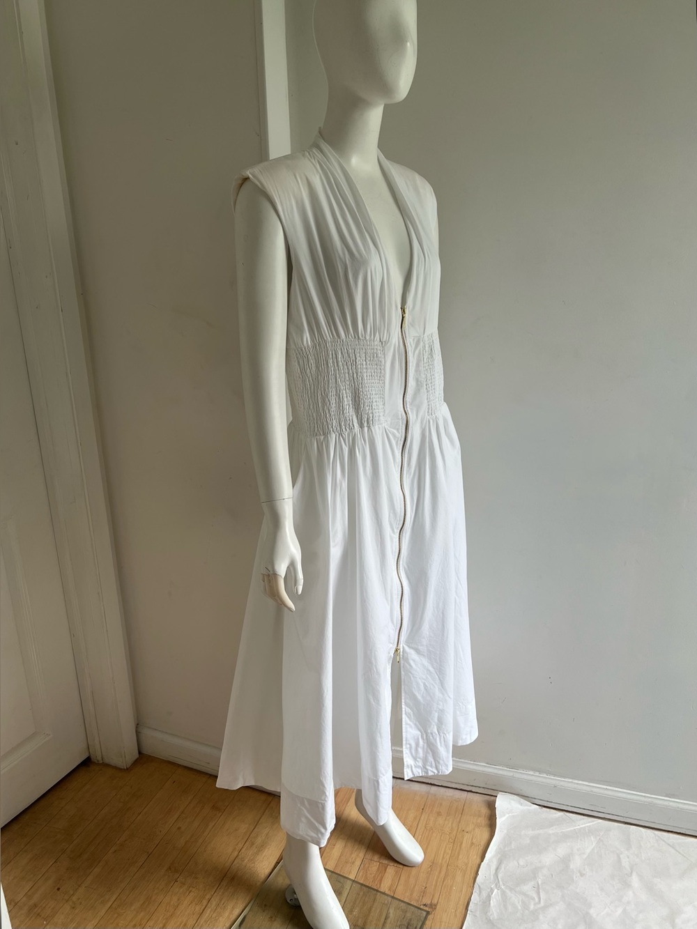 Anthropologie Tommie Cap Sleeve Smocked Zip Front Midi Shirt Dress White Size M - Picture 7 of 13